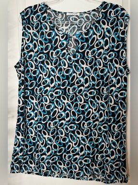 Emily Stacy Black Tank Top with Teal & White Loop Print stretch sz LG short slv